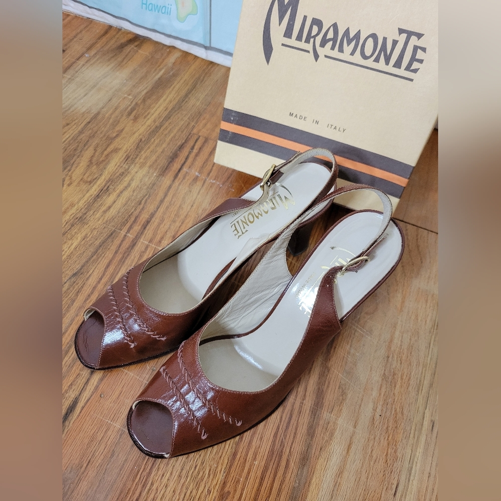 Vintage Miramonte Brown Leather  Peep-Toe Slingback  Women's Shoes Size 8N 1940s